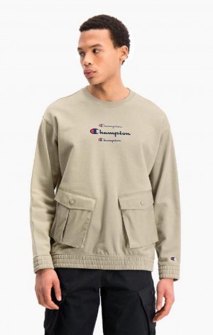 Champion Triple Script Logo Cargo Pocket Sweatshirt Gensere Herre Beige | 1539-PLXKF