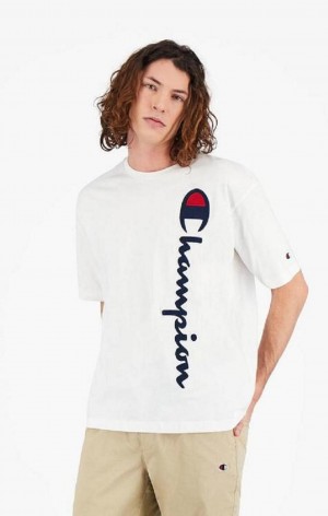 Champion Vertical Script Logo T-Shirt T-skjorte Herre Hvite | 9378-FZLTN