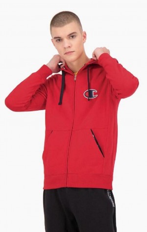 Champion Zip-Up Semsket Skinn C Bomull Terry Hoodie Hettegenser Herre Rød | 2804-BKMLR