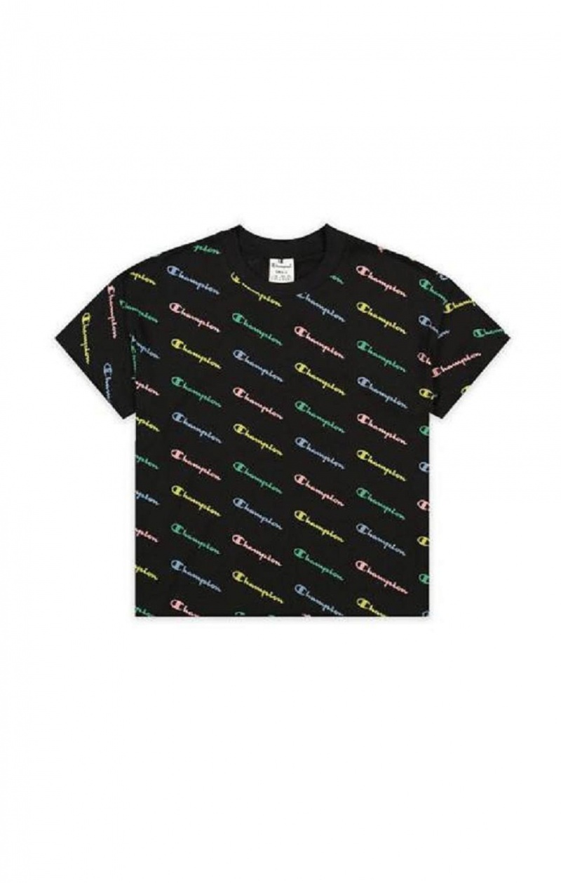 Champion All-Over Script Logo T-Shirt T-skjorte Dame Svarte | 7140-SODTQ