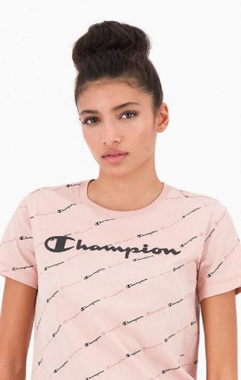 Champion All-Over Script Logo T-Shirt T-skjorte Dame Rosa | 6293-MPLIY