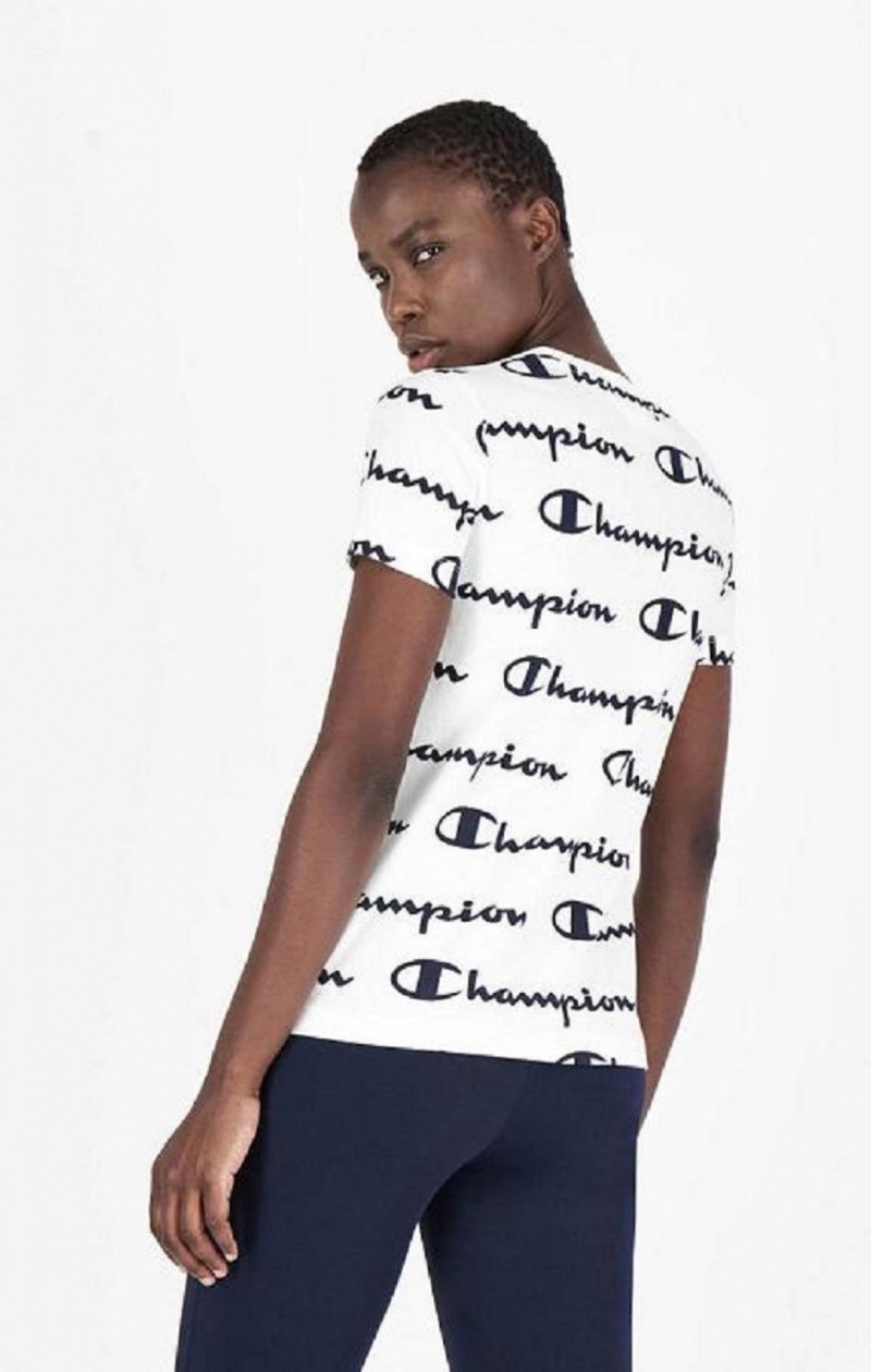 Champion All-Over Script Logo T-Shirt T-skjorte Dame Hvite | 3784-WECUL