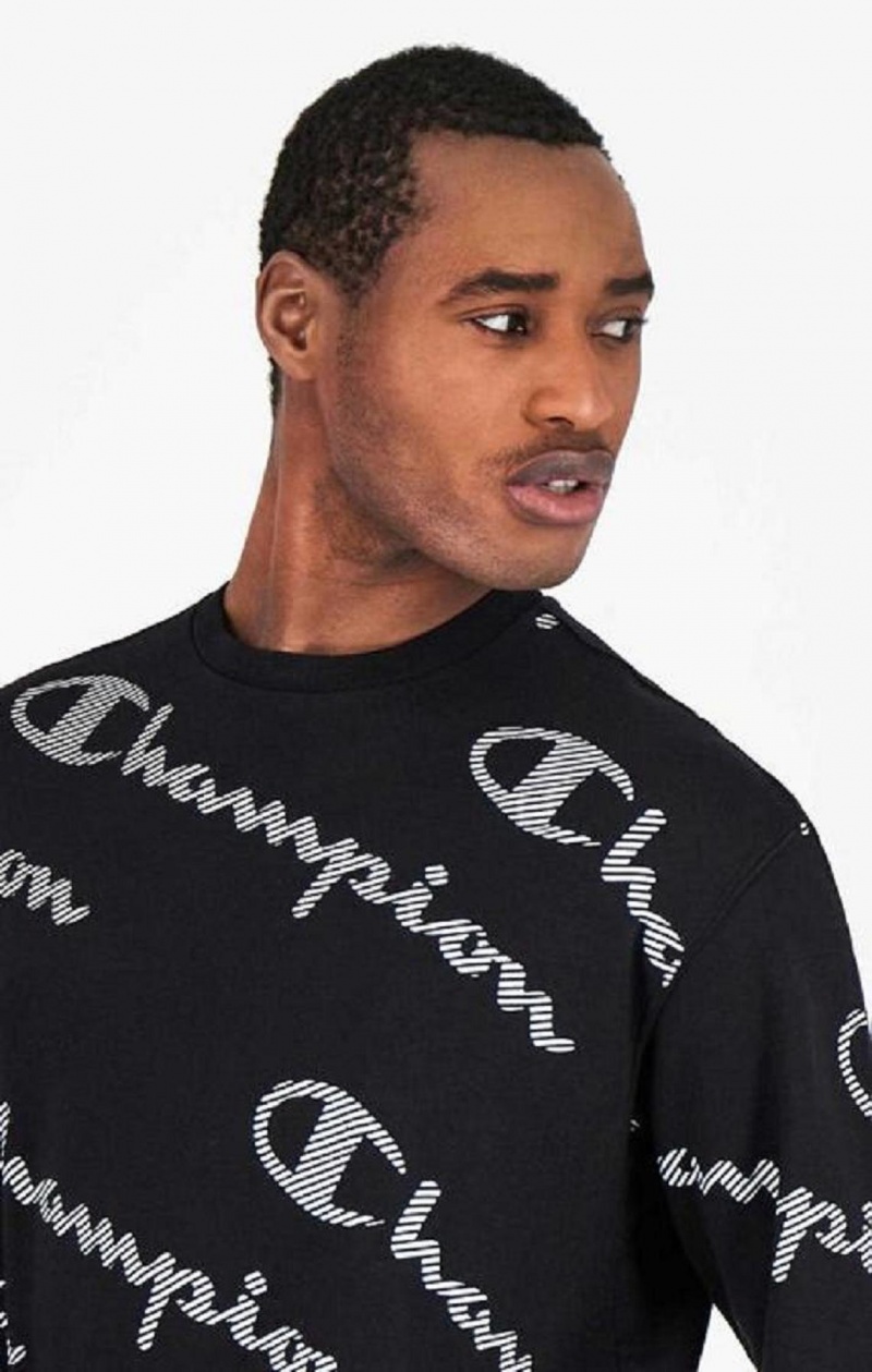 Champion All-Over Stripete Effect Script Logo Print Sweatshirt Gensere Herre Svarte | 2437-ZJQBN