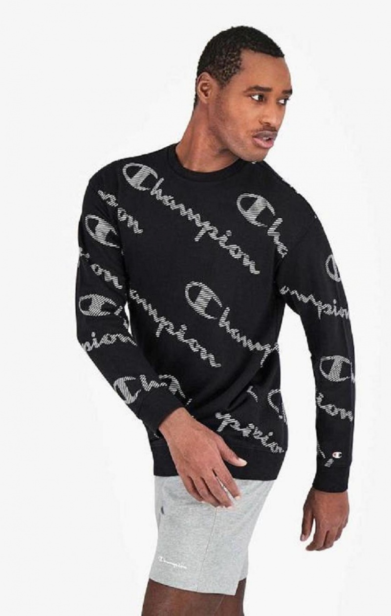 Champion All-Over Stripete Effect Script Logo Print Sweatshirt Gensere Herre Svarte | 2437-ZJQBN