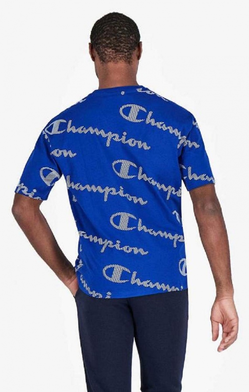 Champion All-Over Stripete Effect Script Logo T-Shirt T-skjorte Herre Blå | 0825-EJMHB