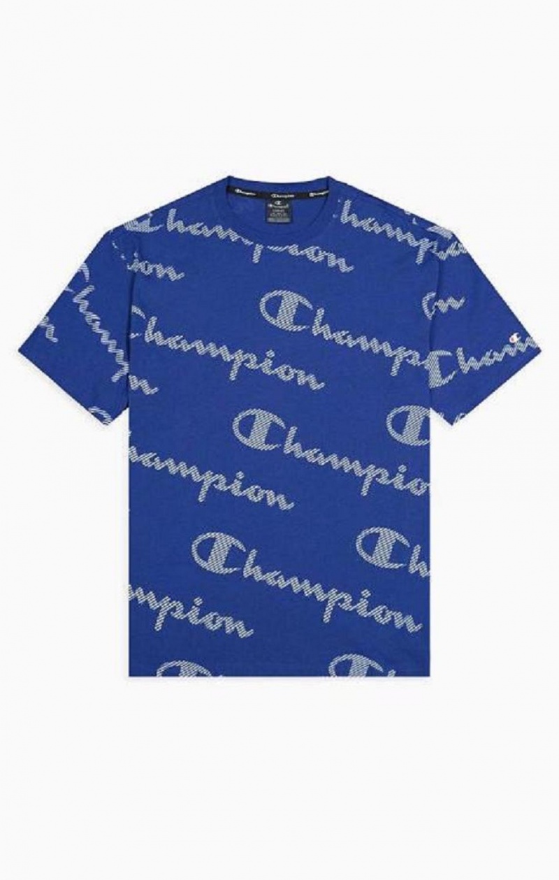 Champion All-Over Stripete Effect Script Logo T-Shirt T-skjorte Herre Blå | 0825-EJMHB