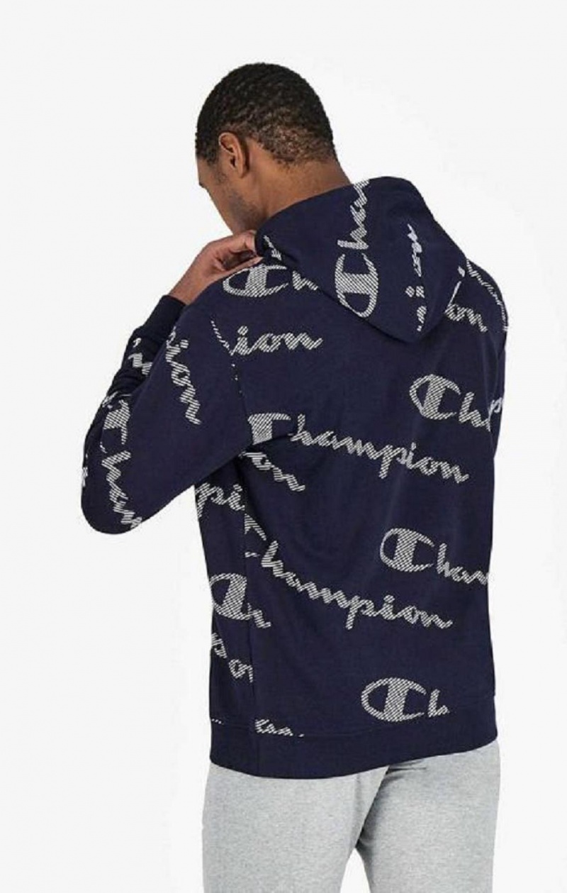 Champion All-Over Stripete Effect Script Logo Print Hoodie Hettegenser Herre Mørke Blå | 8216-VCXWD