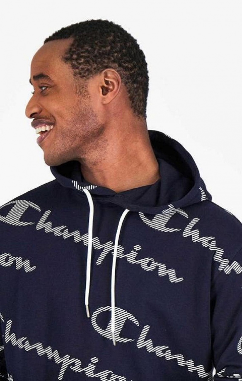 Champion All-Over Stripete Effect Script Logo Print Hoodie Hettegenser Herre Mørke Blå | 8216-VCXWD