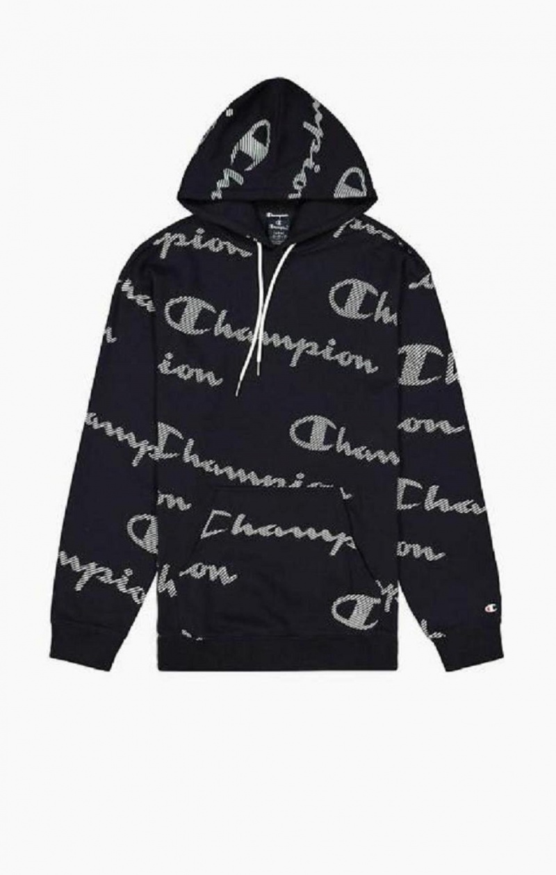 Champion All-Over Stripete Effect Script Logo Print Hoodie Hettegenser Herre Mørke Blå | 8216-VCXWD