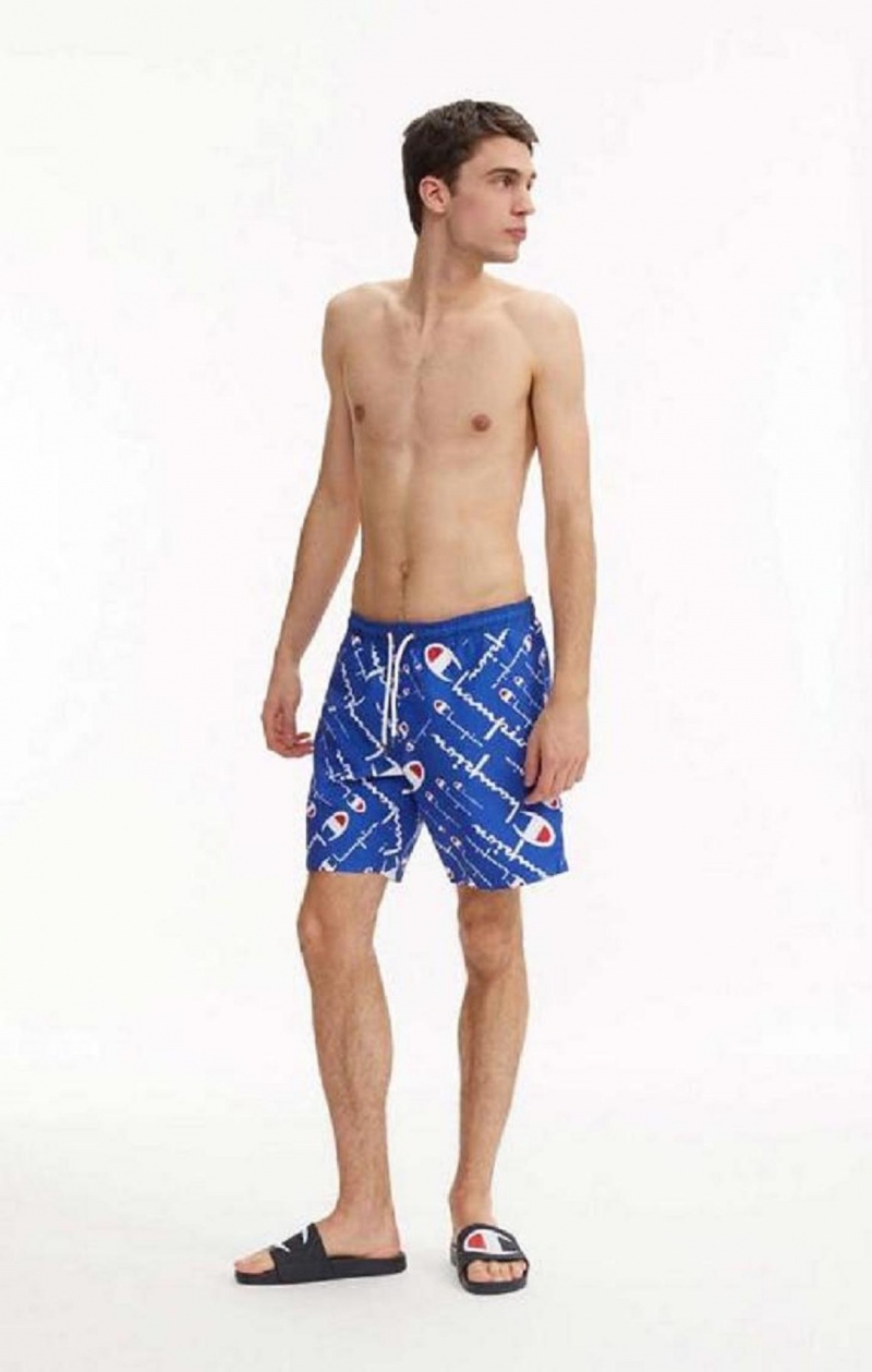 Champion All-over Script Logo Print Board Shorts Badetøy Herre Blå | 6527-IWXTH