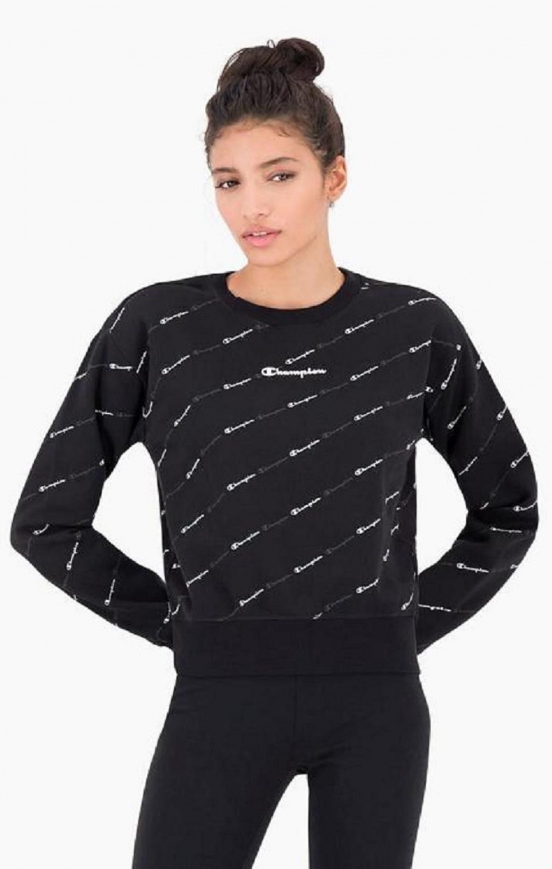 Champion All-over Script Logo Sweatshirt Gensere Dame Svarte | 9432-GPRWQ