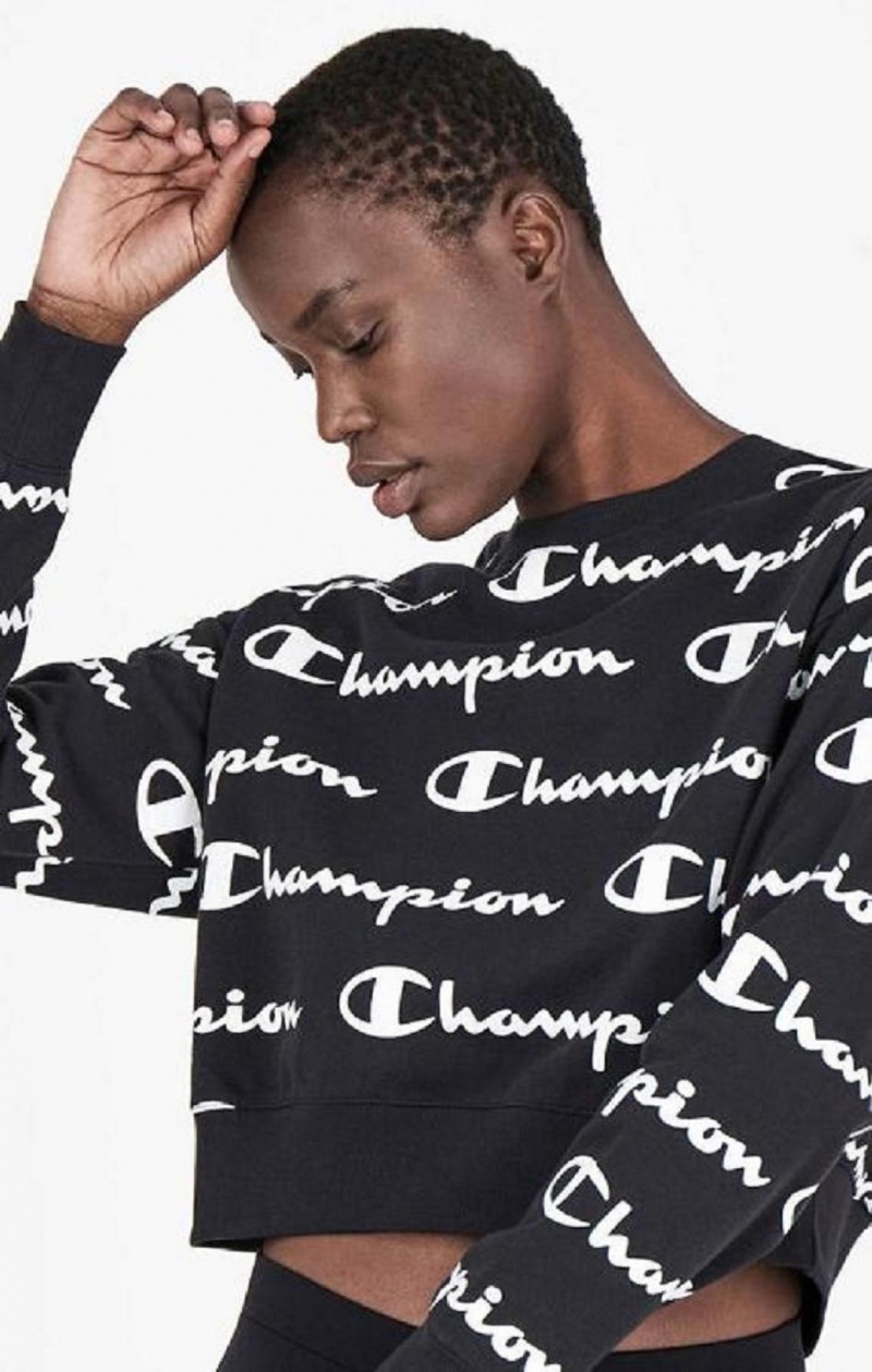 Champion All-over Script Logo Sweatshirt Gensere Dame Svarte | 1375-VNIDC