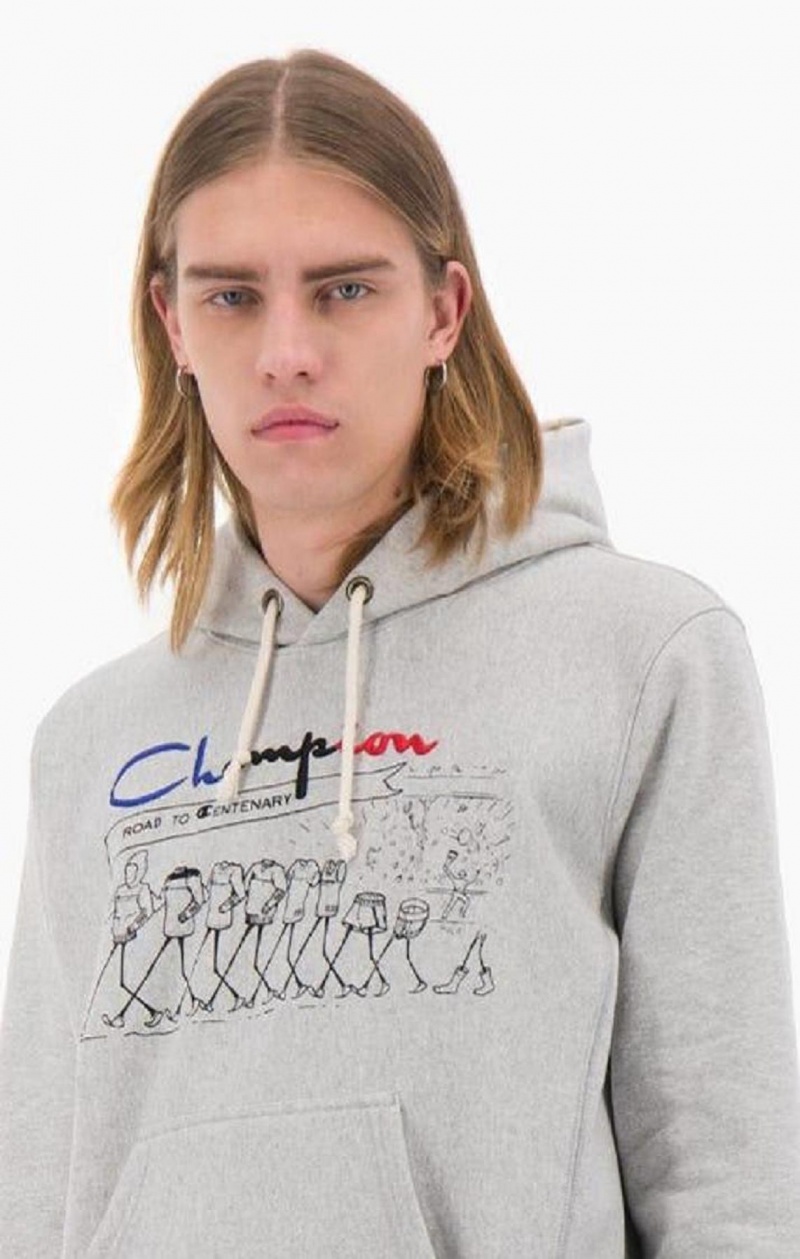 Champion Archive Centenary Print Reverse Weave Hoodie Hettegenser Herre Lyse Grå | 7830-GRKTW