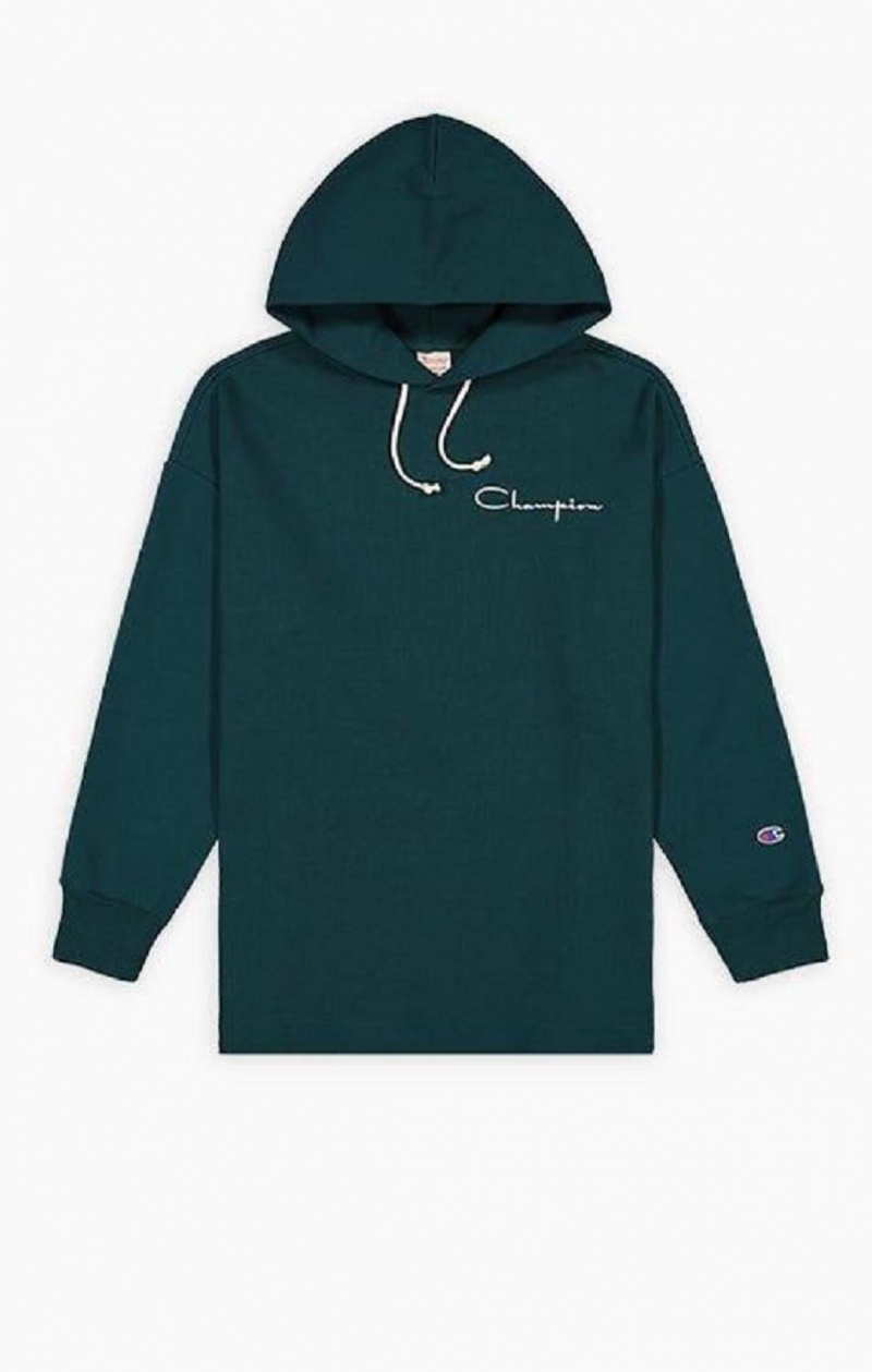 Champion Archive Script Logo Bomull Jersey Hoodie Hettegenser Herre Turkis Blå | 0328-KFPAW