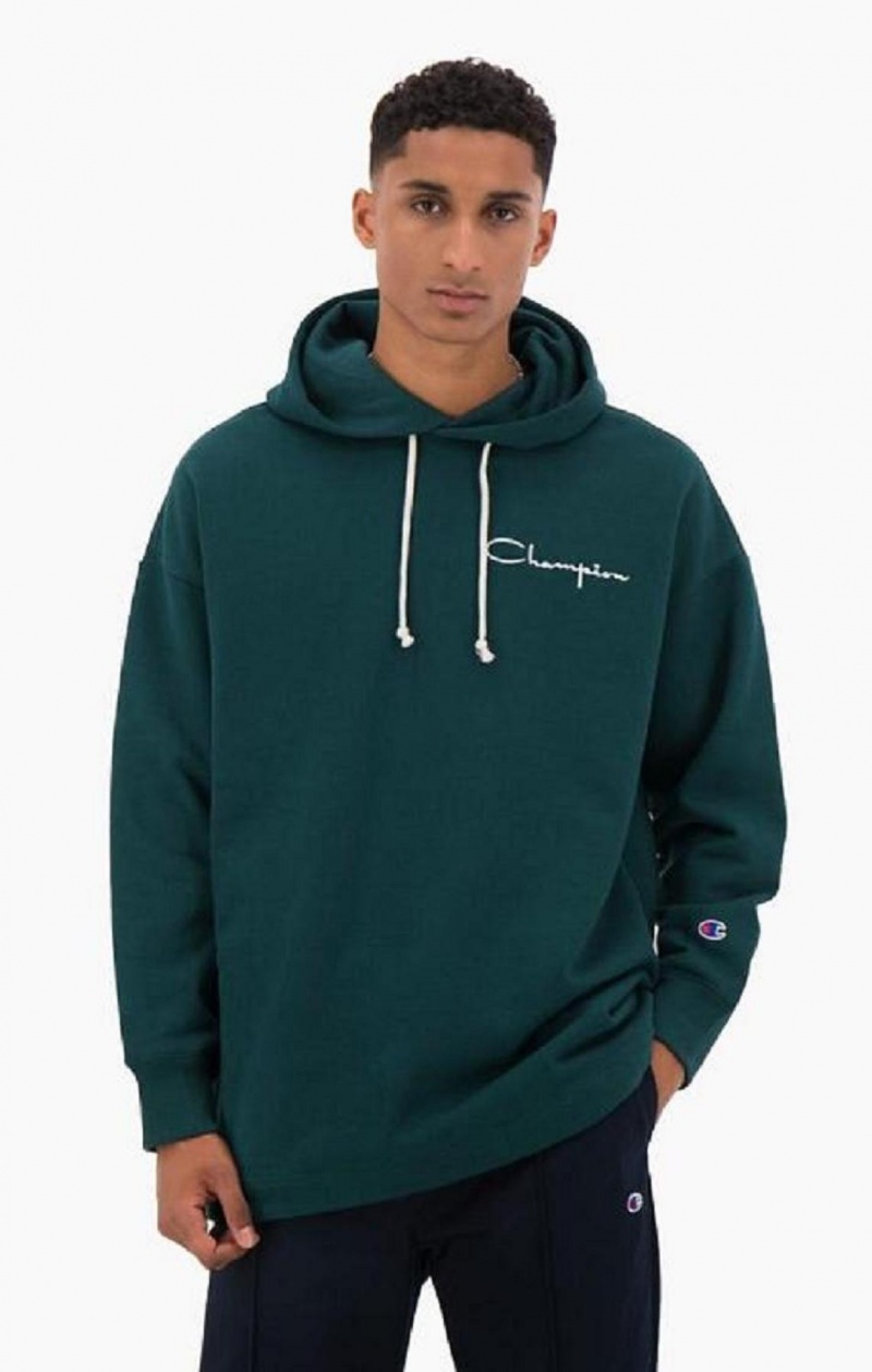 Champion Archive Script Logo Bomull Jersey Hoodie Hettegenser Herre Turkis Blå | 0328-KFPAW