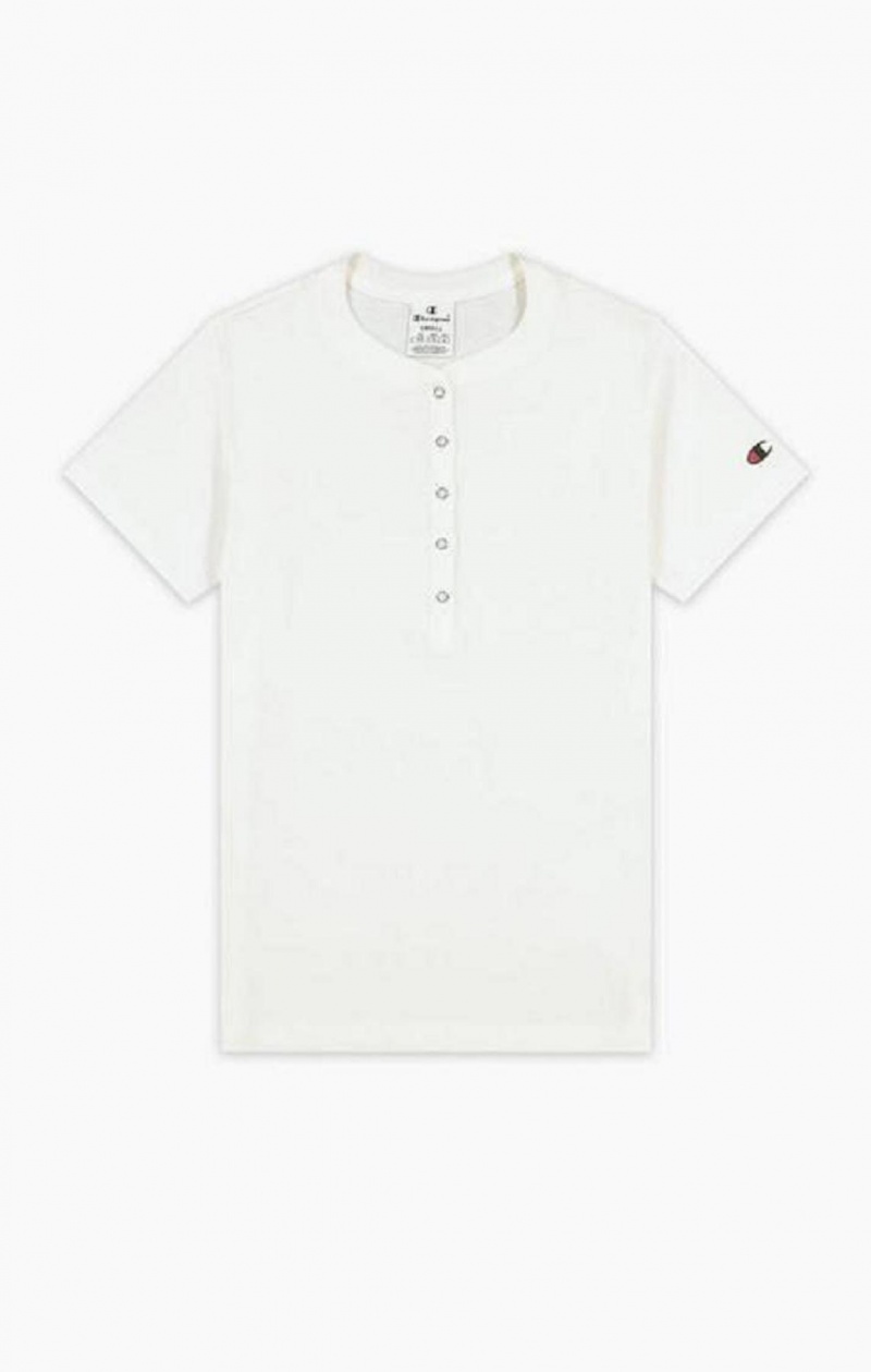 Champion Bomull Rib Button Up T-Shirt T-skjorte Dame Hvite | 2408-QSDOU