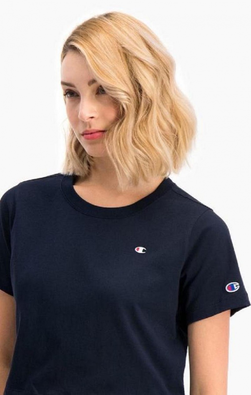 Champion C Logo Crew Neck Cropped T-Shirt T-skjorte Dame Mørke Blå | 9741-KFDTW