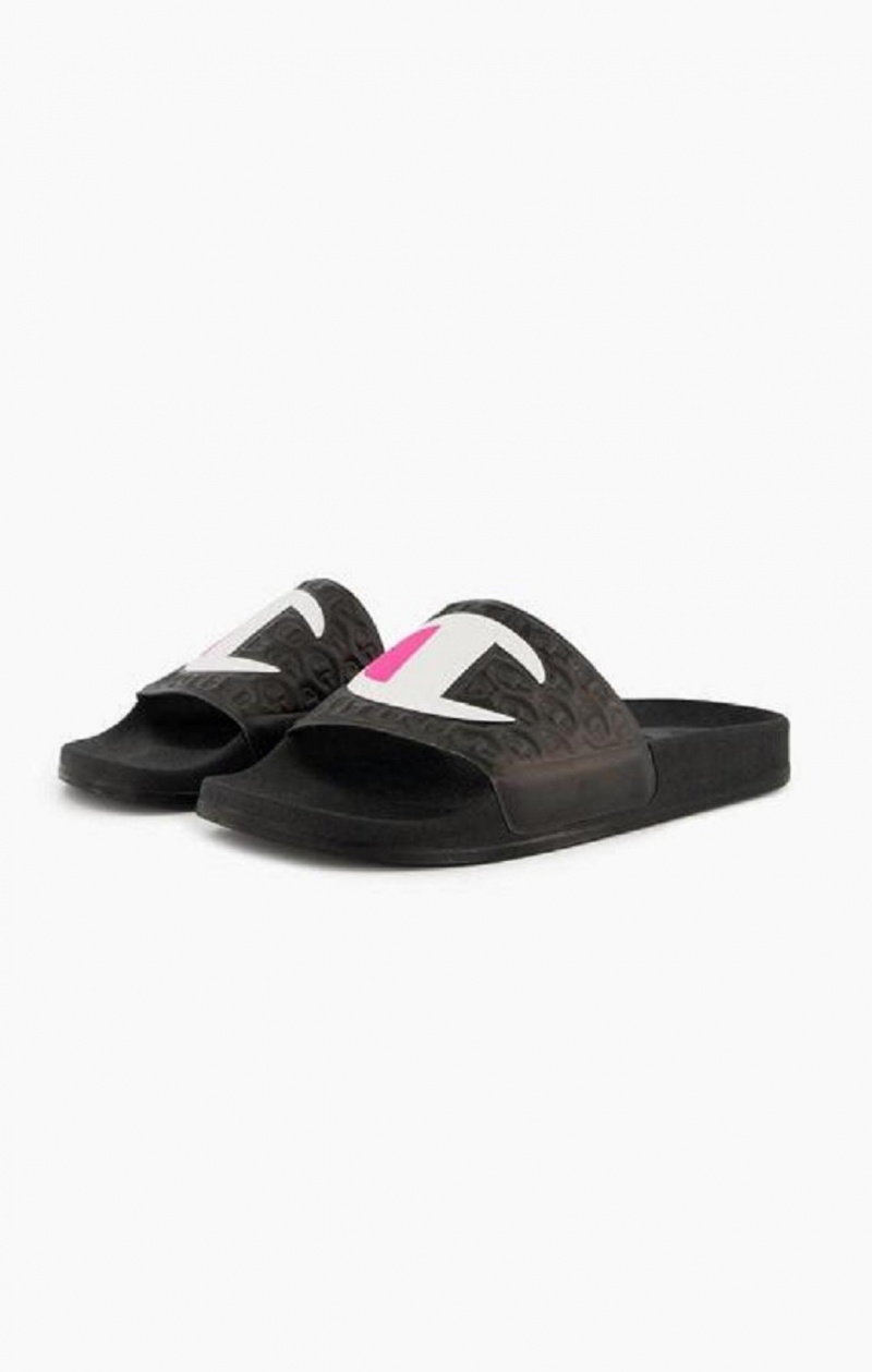 Champion C Logo Pool Slides Badesandaler Dame Svarte | 6293-QKYSW