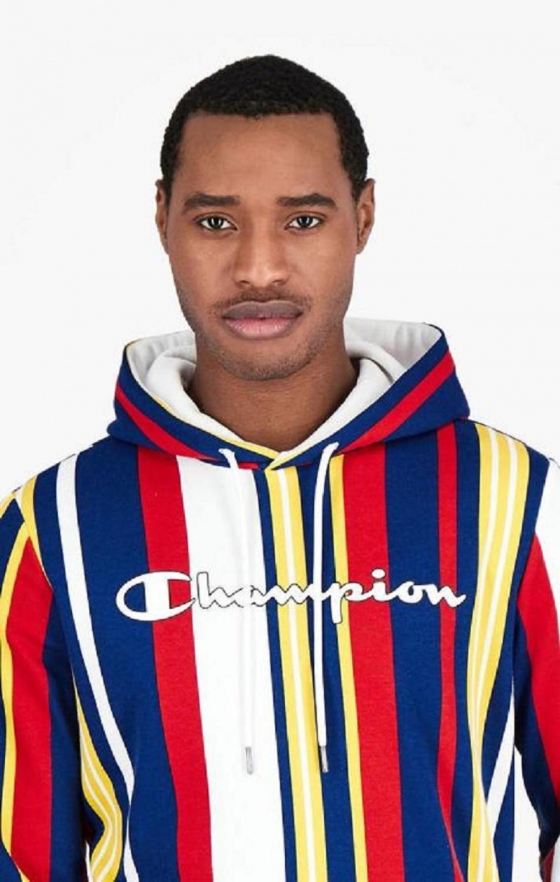 Champion Candy Stripe Script Logo Hoodie Hettegenser Herre Hvite Rød Blå | 9754-XJFGV