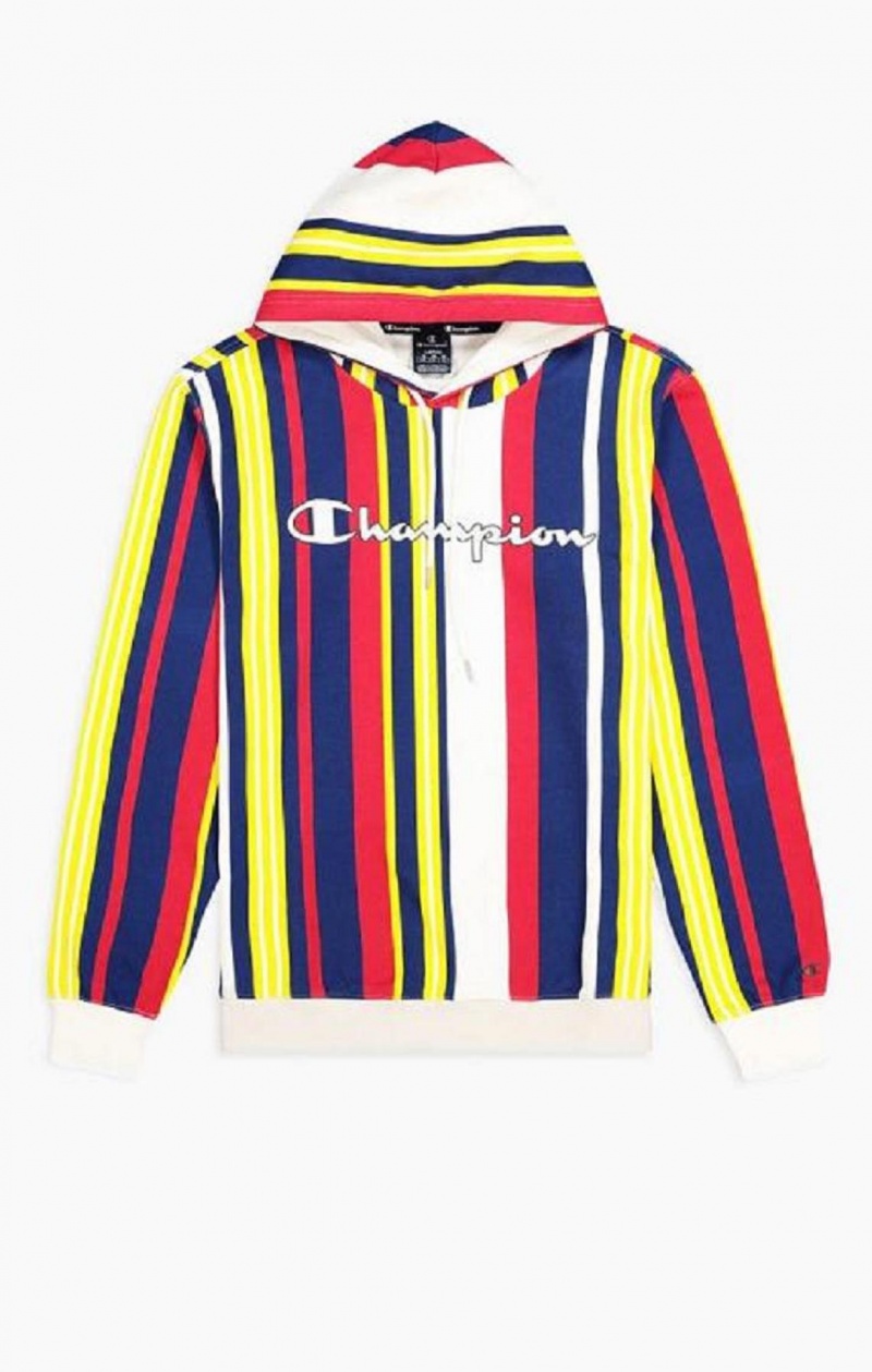 Champion Candy Stripe Script Logo Hoodie Hettegenser Herre Hvite Rød Blå | 9754-XJFGV