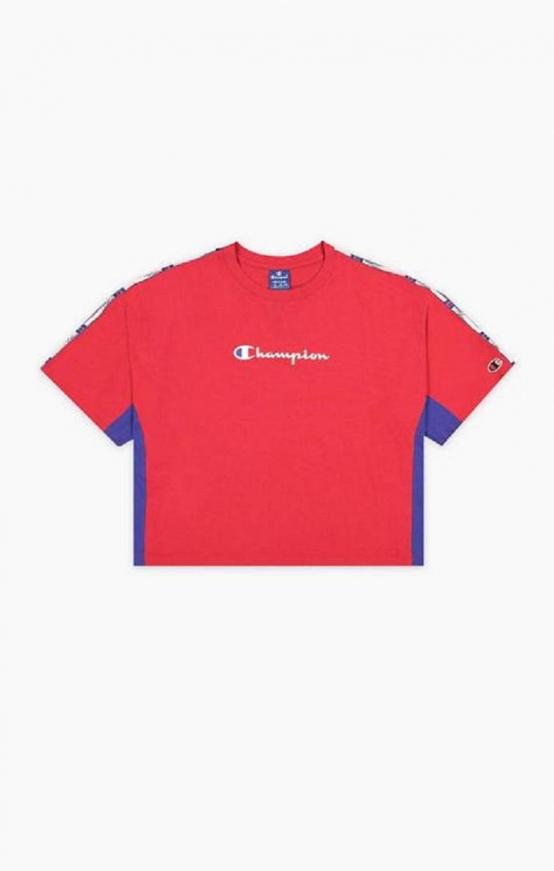 Champion Colour Block Jacquard Logo Tape T-Shirt T-skjorte Dame Rød | 6847-NQZDY