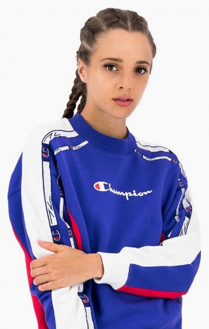 Champion Colour Block Logo Tape Sweatshirt Gensere Dame Blå | 4815-TKOPF