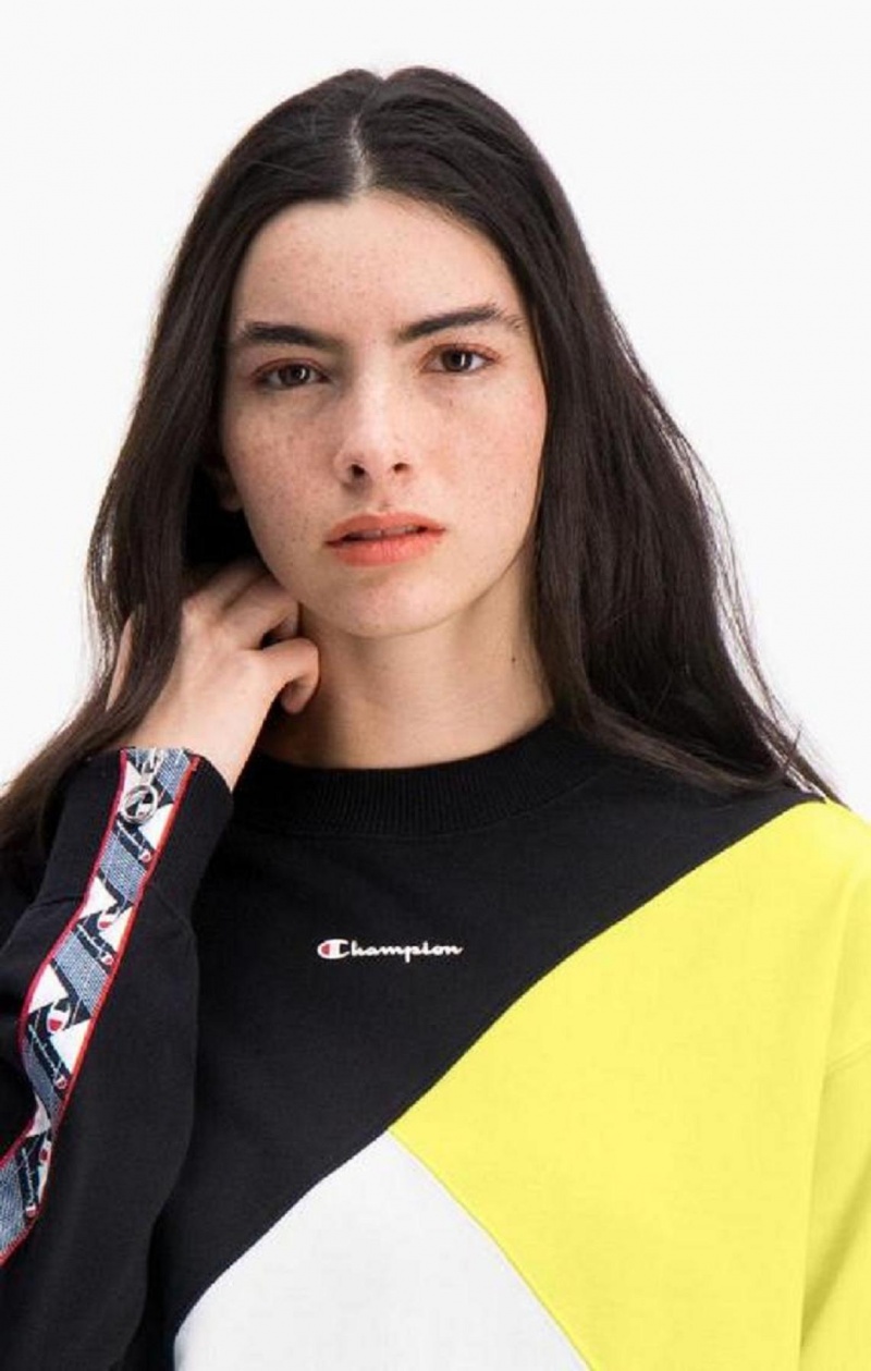 Champion Colour Block Logo Tape Sweatshirt Gensere Dame Svarte Hvite | 7493-NUQXP