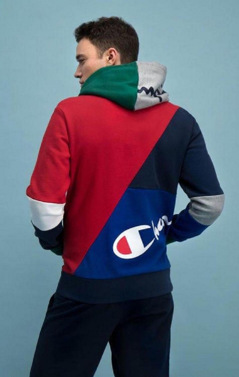 Champion Colour Block Patchwork Hoodie Hettegenser Herre Rød | 5248-QLKMI