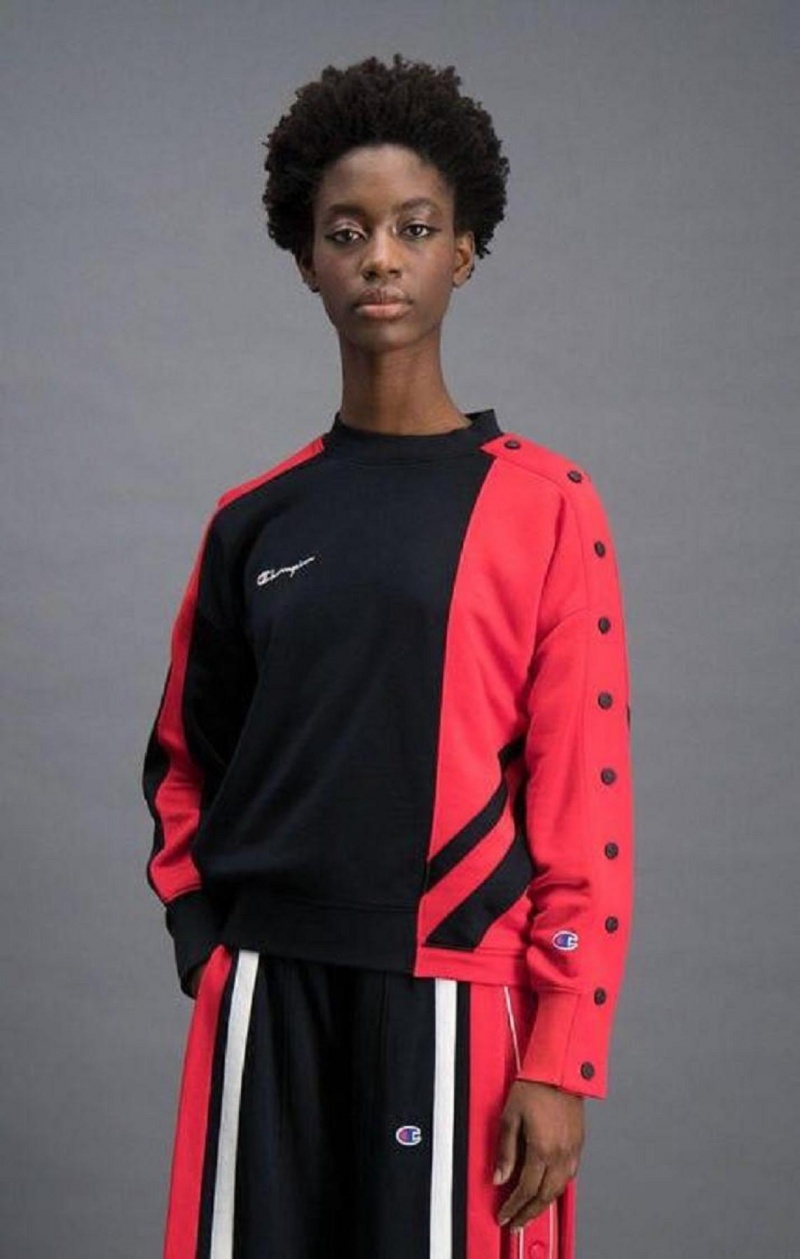 Champion Colour Block Popper Cropped Sweatshirt Gensere Dame Svarte Rød | 3815-WRLIV