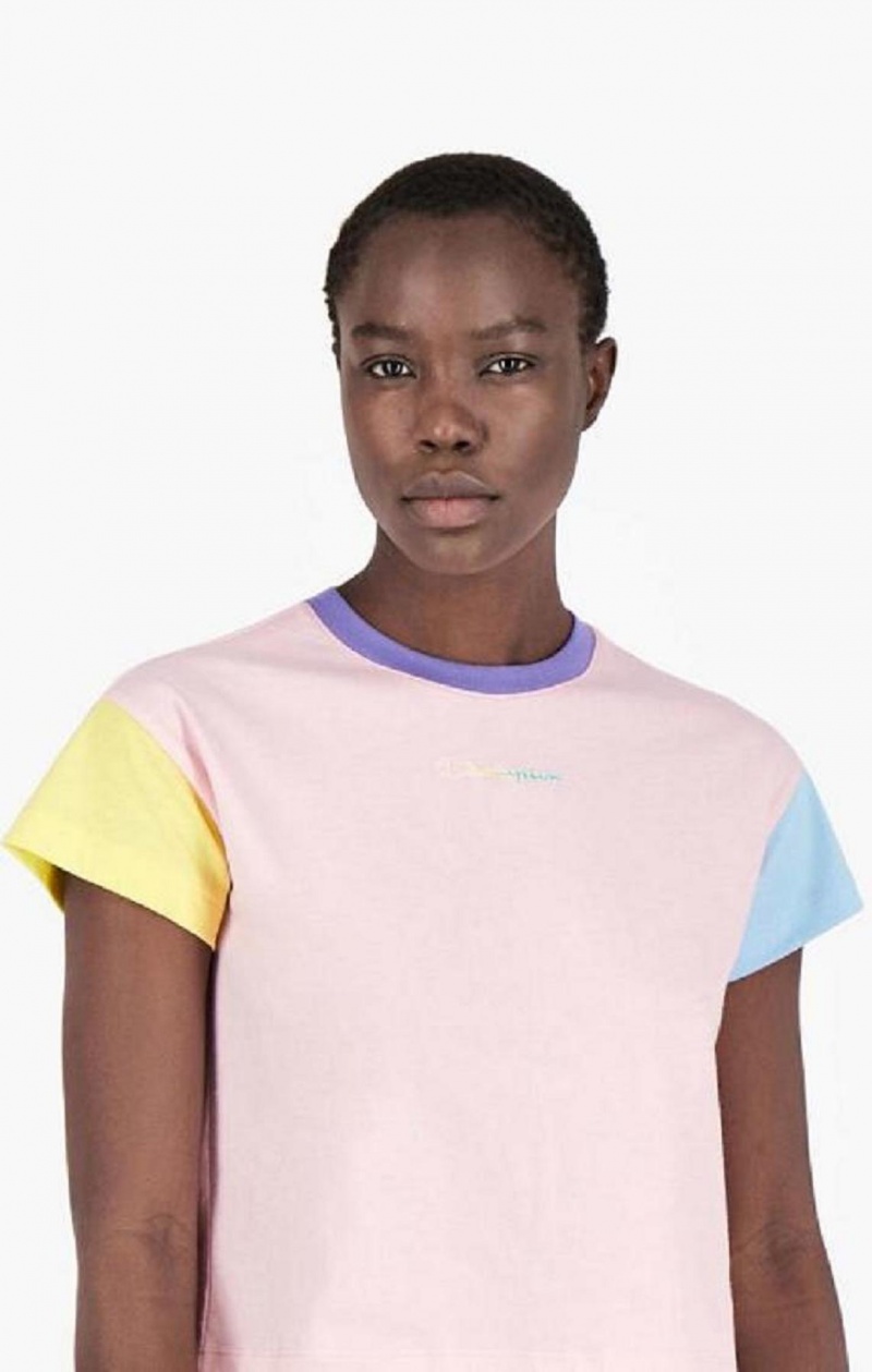 Champion Colour Block Rainbow Script Logo T-Shirt T-skjorte Dame Rosa | 4862-KYSUE