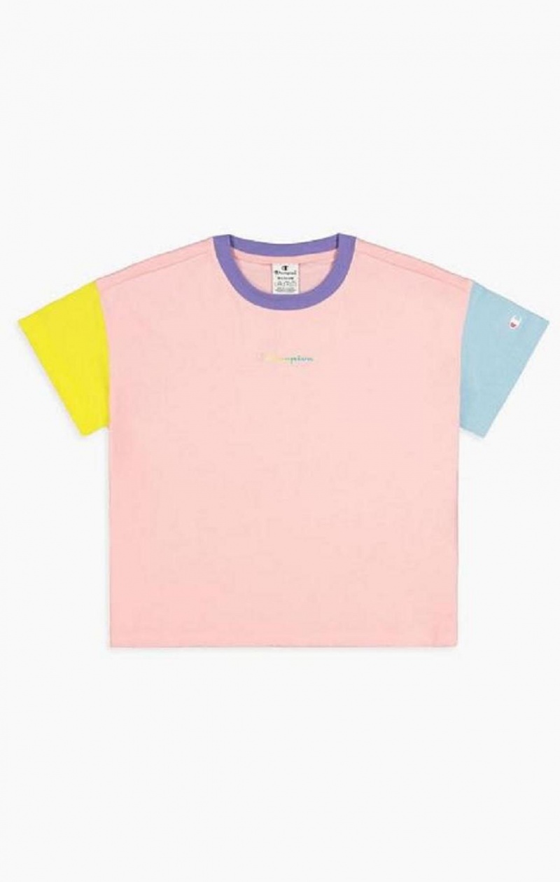 Champion Colour Block Rainbow Script Logo T-Shirt T-skjorte Dame Rosa | 4862-KYSUE