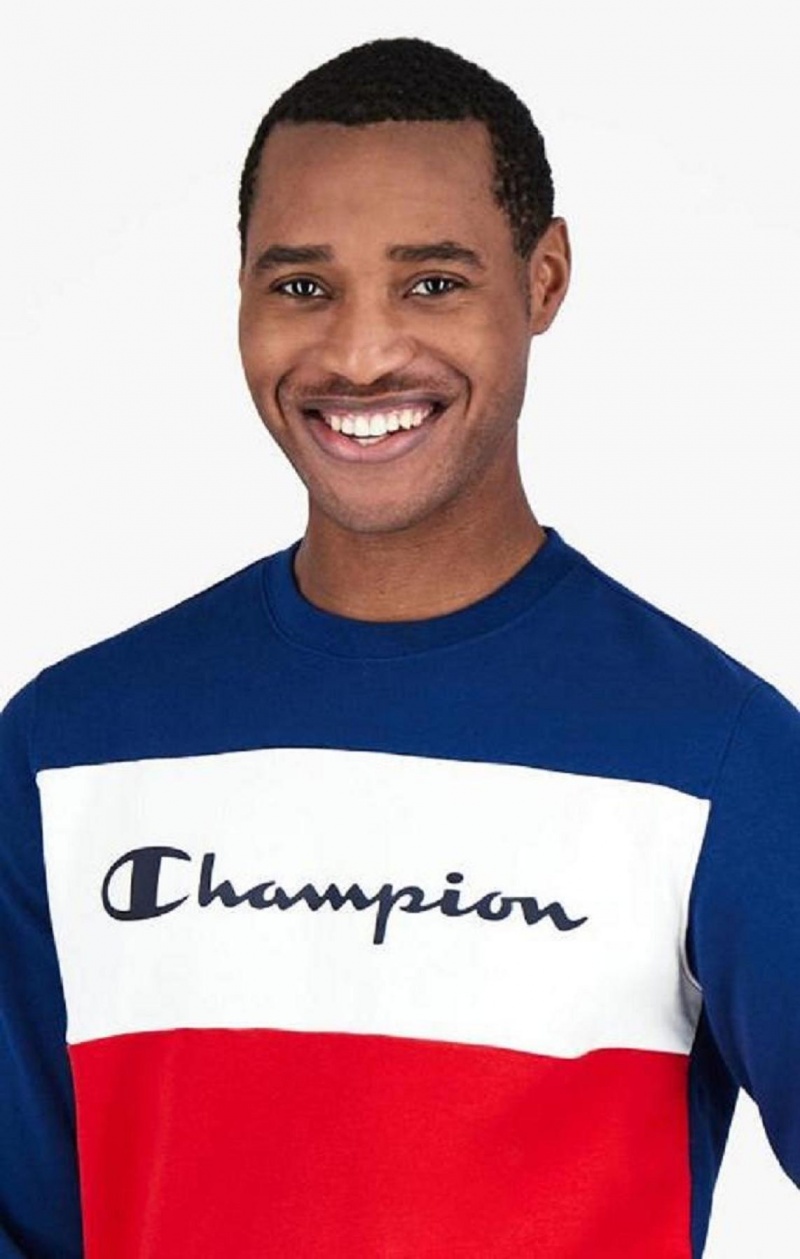 Champion Colour Block Script Logo Sweatshirt Gensere Herre Blå | 8953-IBUSK