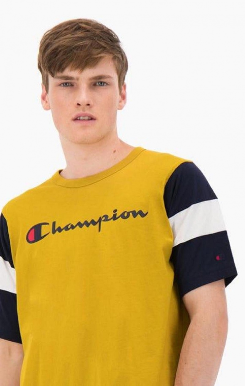 Champion Colour Block Script Logo T-Shirt T-skjorte Herre Gull | 3810-LHUWZ