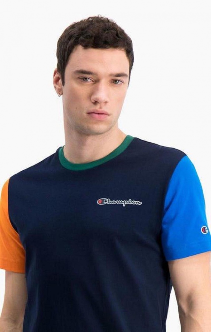 Champion Contrast Colour Block Sleeve T-Shirt T-skjorte Herre Mørke Blå | 4257-NPWIG