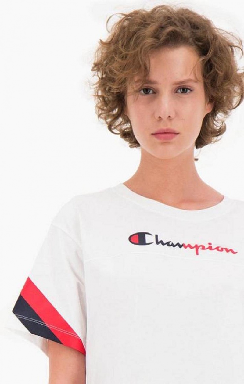 Champion Contrast Logo Stripe Jersey Top T-skjorte Dame Hvite | 6271-MYKXL