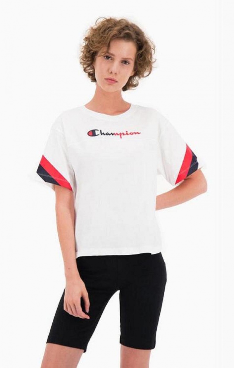 Champion Contrast Logo Stripe Jersey Top T-skjorte Dame Hvite | 6271-MYKXL