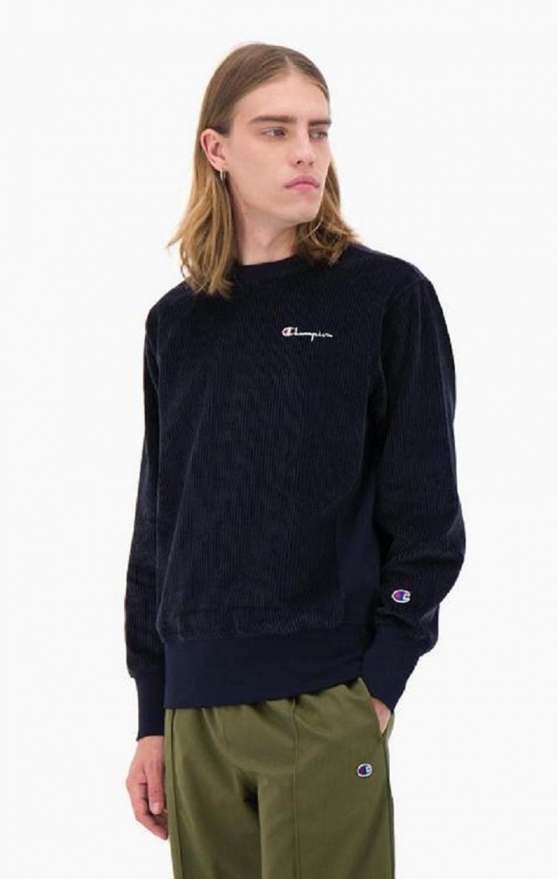 Champion Corduroy Small Script Logo Sweatshirt Gensere Herre Mørke Blå | 6982-OPVKA