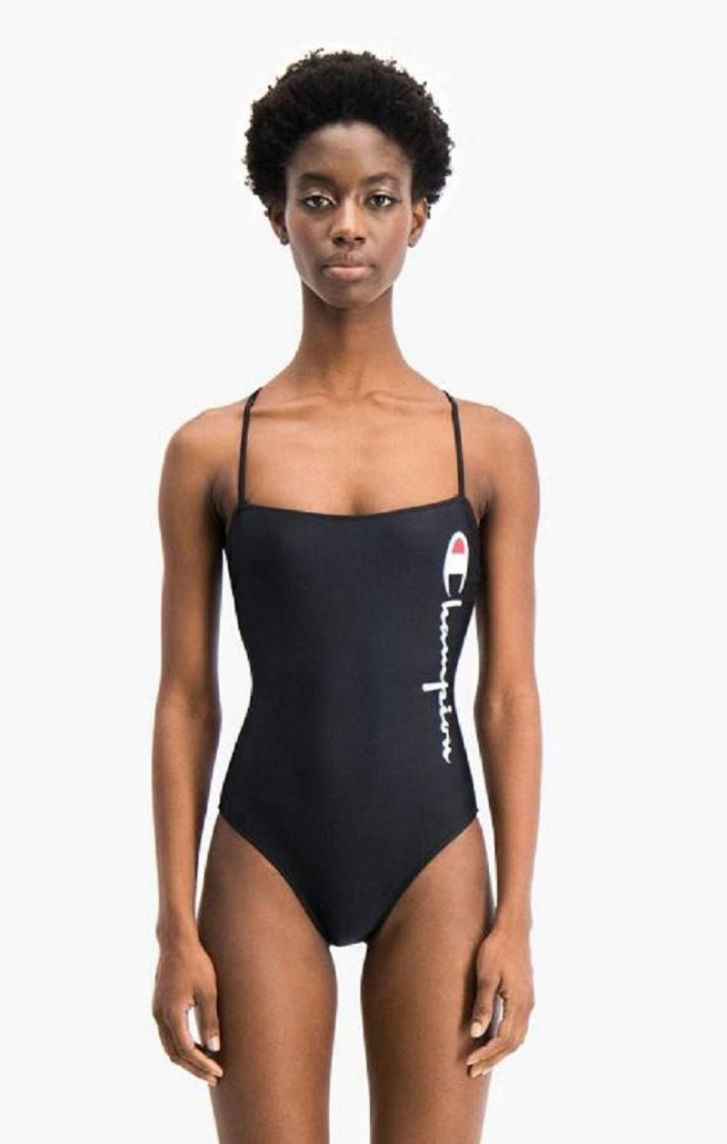 Champion Cross Back Large Script Logo Swimsuit Badetøy Dame Svarte | 5241-BKWLM