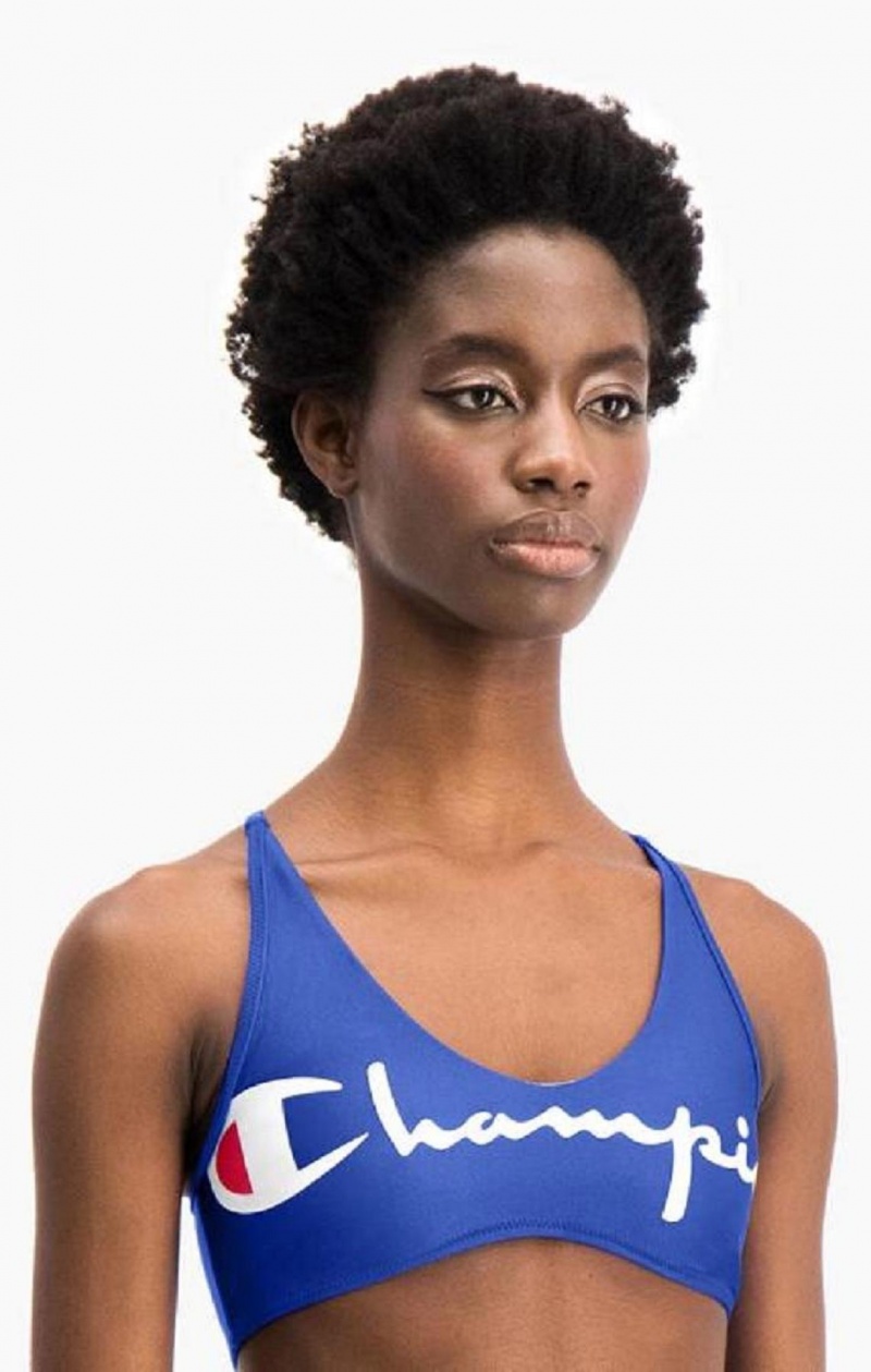 Champion Cross Back V Neck Script Logo Bikini Top Badetøy Dame Blå | 9461-GZFVW