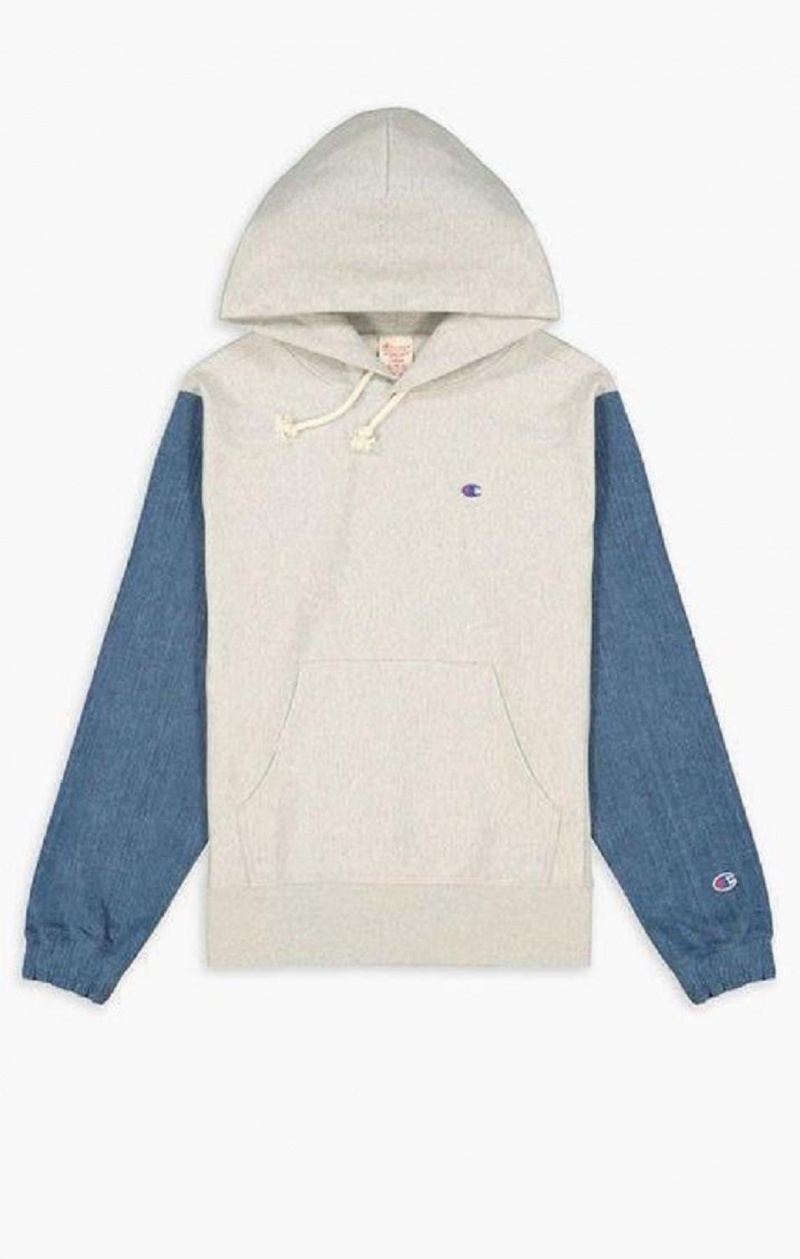 Champion Denim Sleeve Reverse Weave Hoodie Hettegenser Herre Lyse Grå | 7365-SQHET