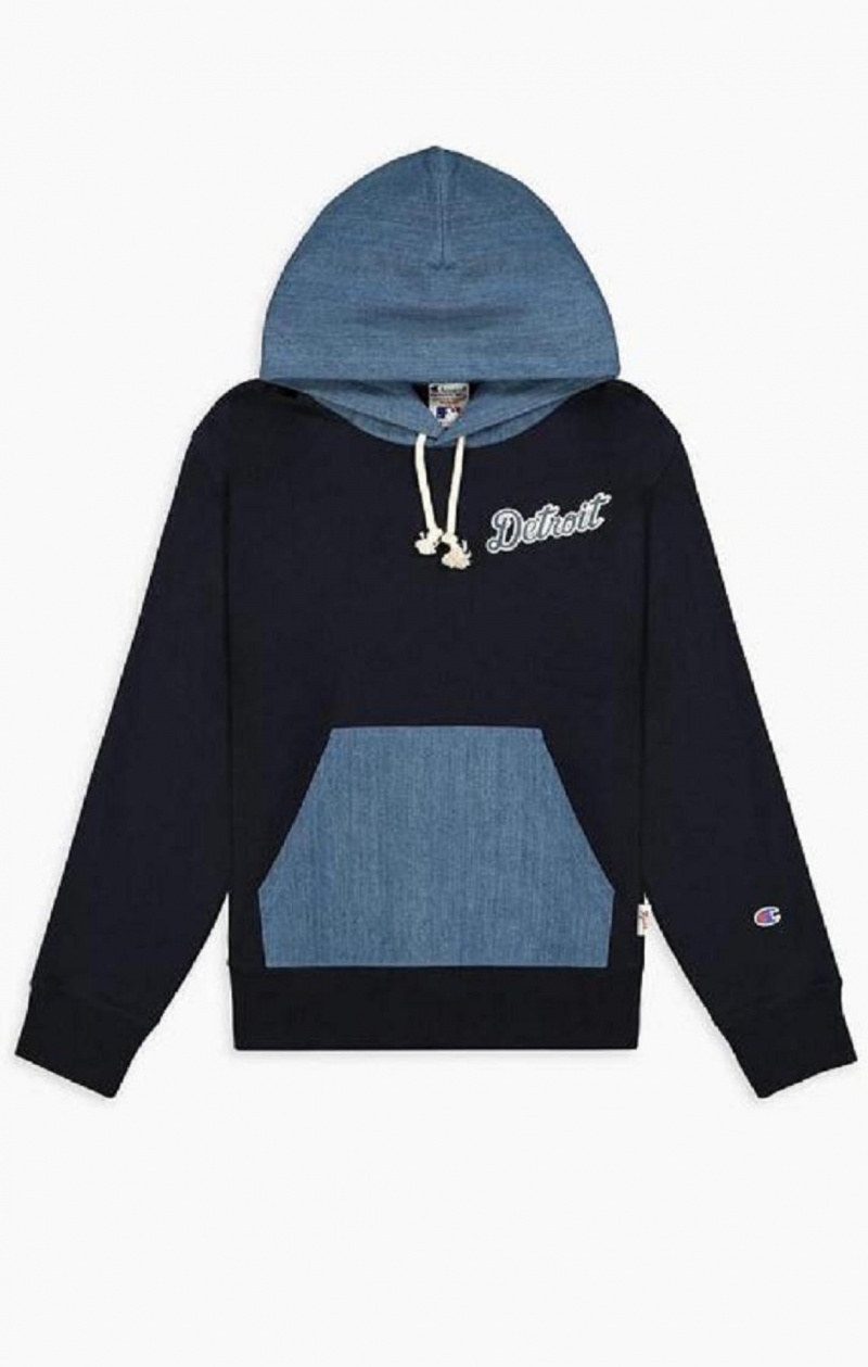 Champion Detroit MLB Denim + Reverse Weave Hoodie Hettegenser Herre Mørke Blå | 4106-MPLHA