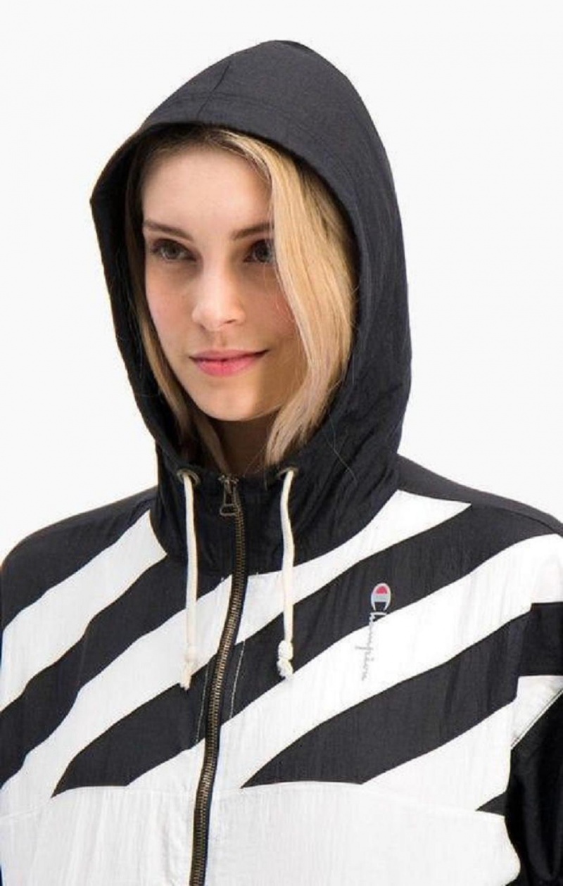 Champion Diagonal Stripe Hette Rain Jacket Jakker Dame Svarte Hvite | 0367-ODBHT