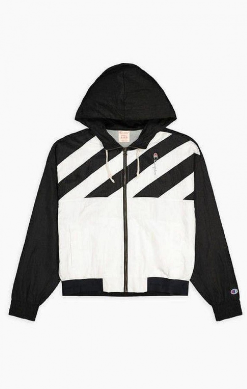 Champion Diagonal Stripe Hette Rain Jacket Jakker Dame Svarte Hvite | 0367-ODBHT