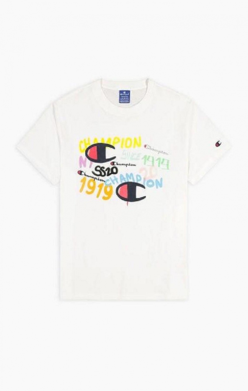 Champion Graffiti Logo Print T-Shirt T-skjorte Herre Hvite | 6057-PWSGT