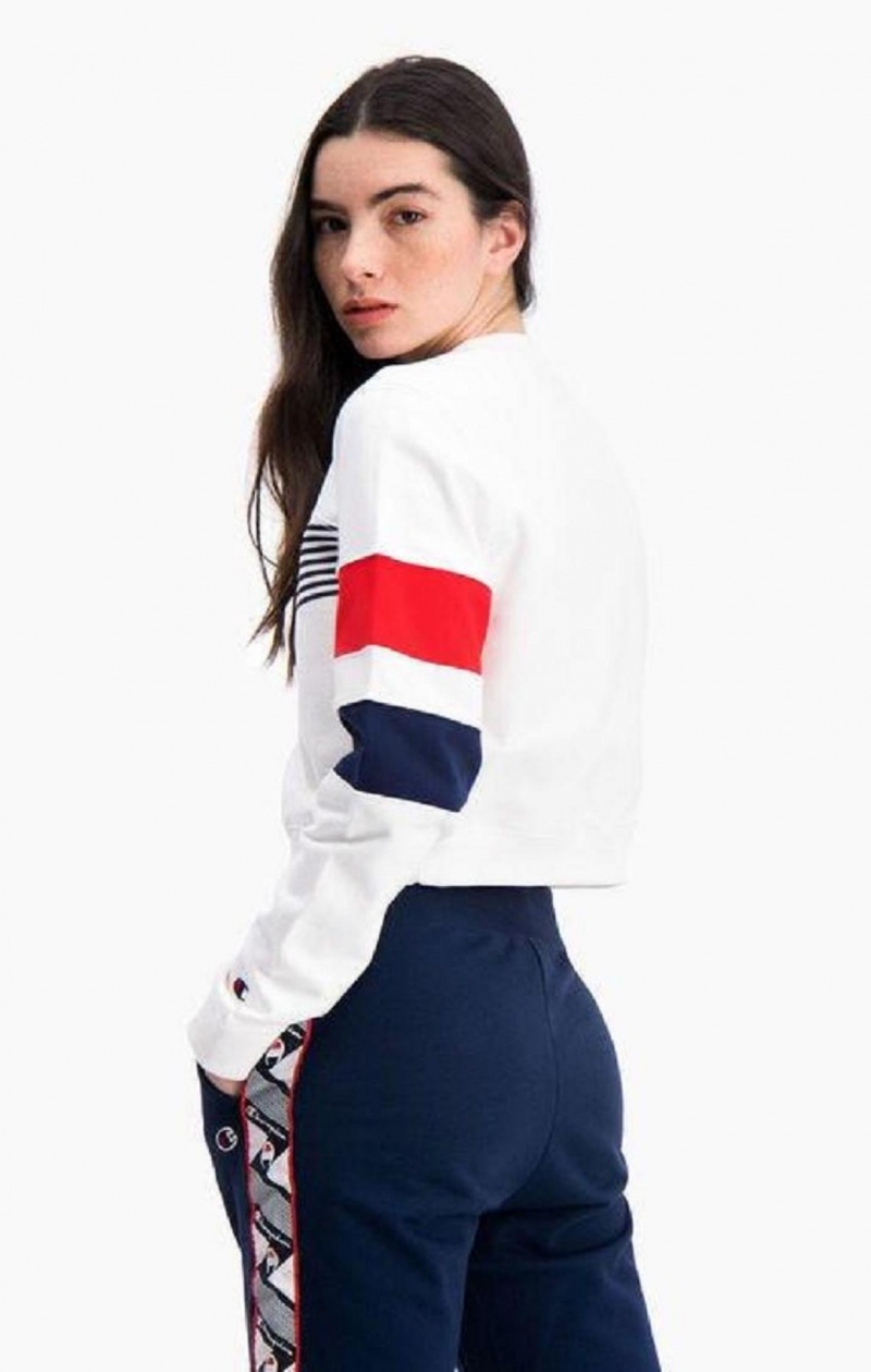 Champion Grafiske Stripe And Colour Block Cropped Sweatshirt Gensere Dame Hvite | 9742-KMWPA