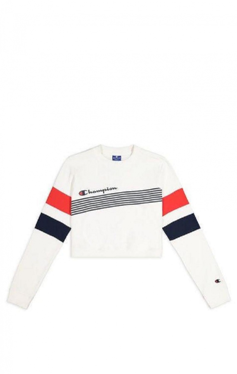 Champion Grafiske Stripe And Colour Block Cropped Sweatshirt Gensere Dame Hvite | 9742-KMWPA