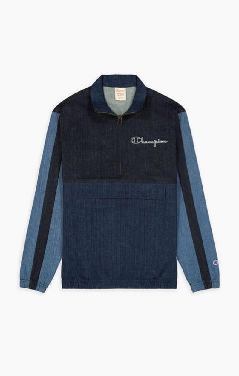 Champion Half Zip-Up Denim Patchwork Sweatshirt Gensere Herre Turkis Blå | 7641-DUXKB