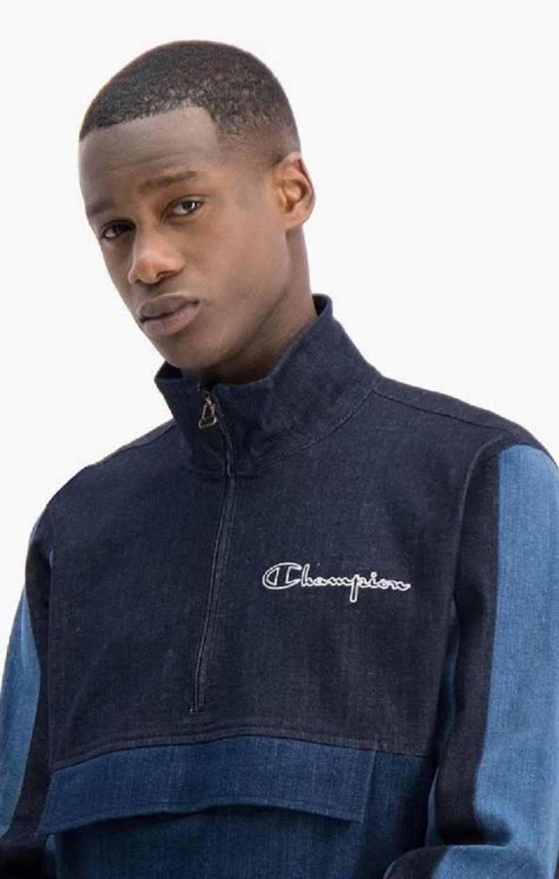 Champion Half Zip-Up Denim Patchwork Sweatshirt Gensere Herre Turkis Blå | 7641-DUXKB