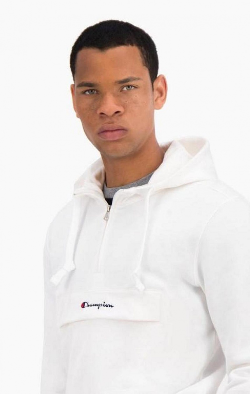 Champion Half Zip-Up Flap Pocket Fleece Hoodie Hettegenser Herre Hvite | 2615-NMXLR