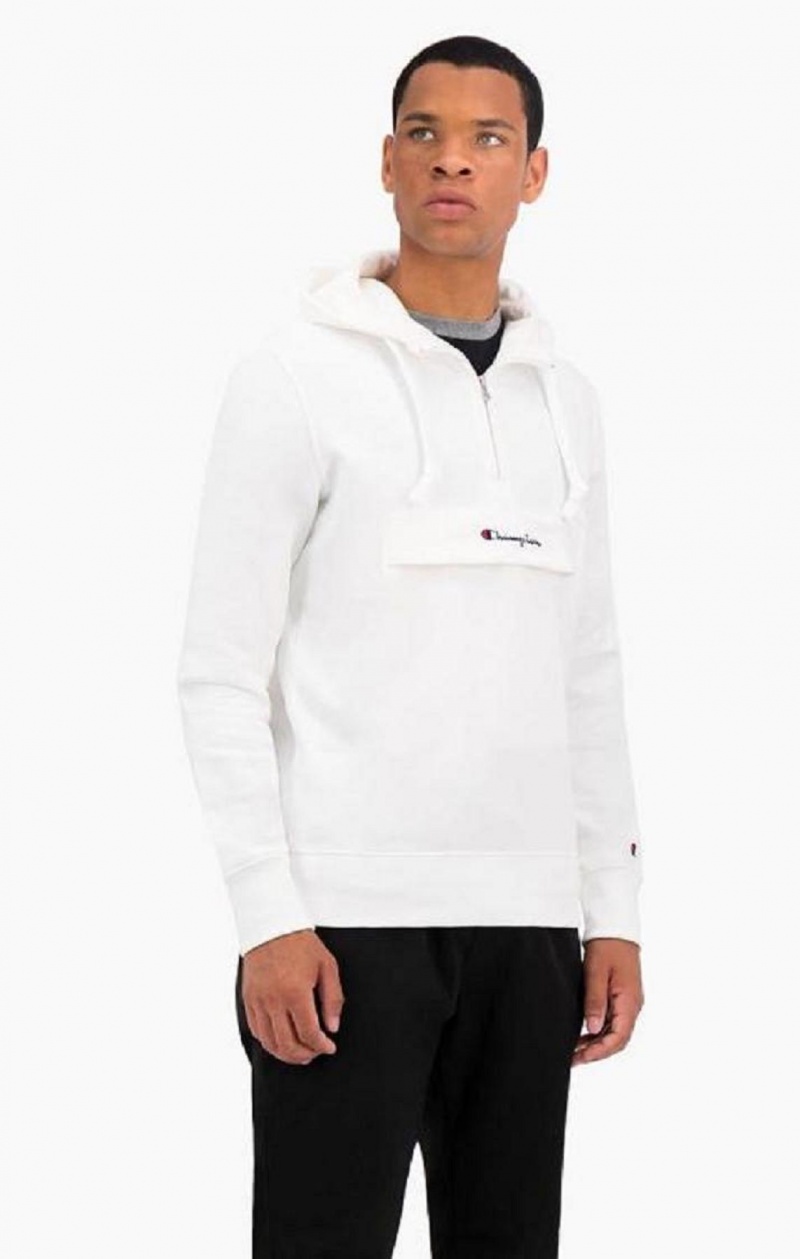 Champion Half Zip-Up Flap Pocket Fleece Hoodie Hettegenser Herre Hvite | 2615-NMXLR